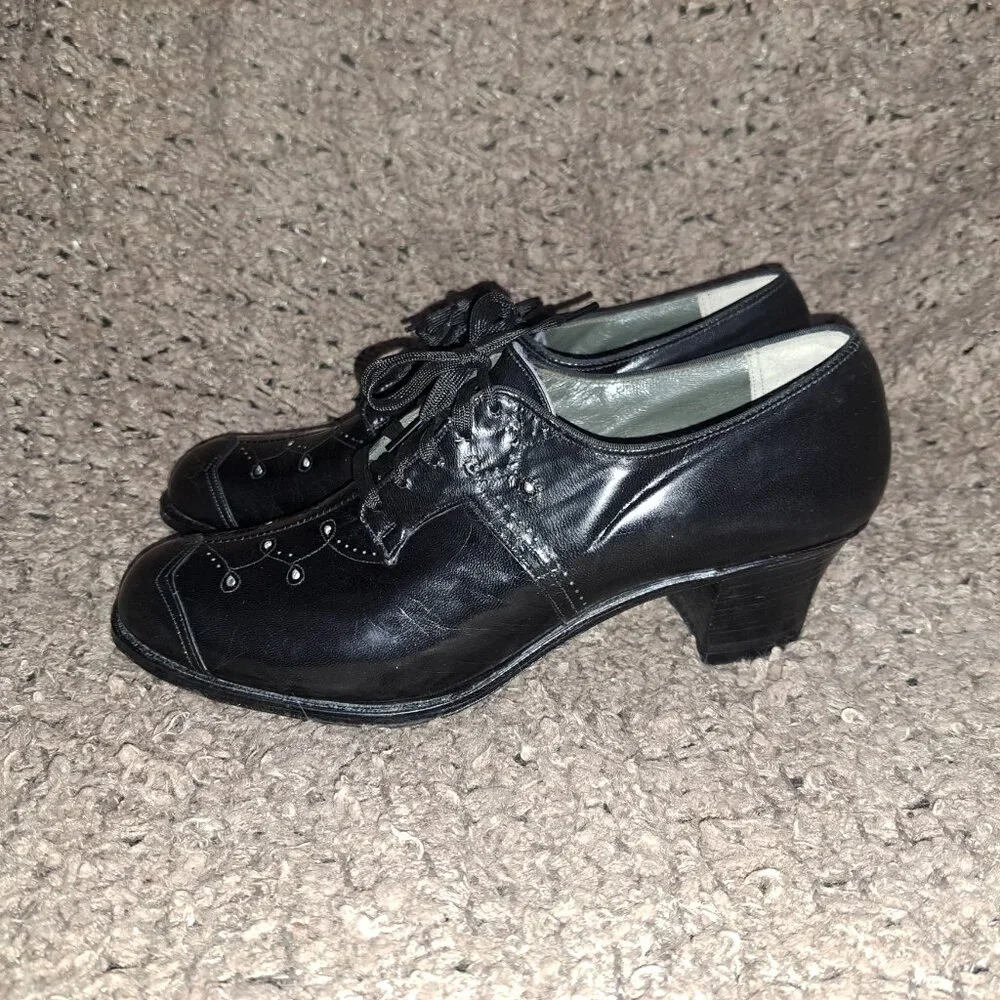 1940's Vintage-DR. SCHOLL'S-Black Leather Granny Heels-Cut-Outs-Sz 7-Near Mint - Picture 2 of 8